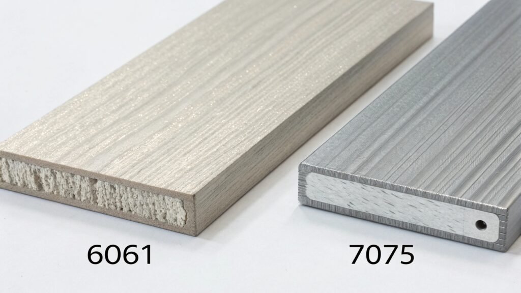 A side-by-side comparison image, perhaps showing a component made of 6061 and another of 7075, visually suggesting different levels of structural integrity or use.